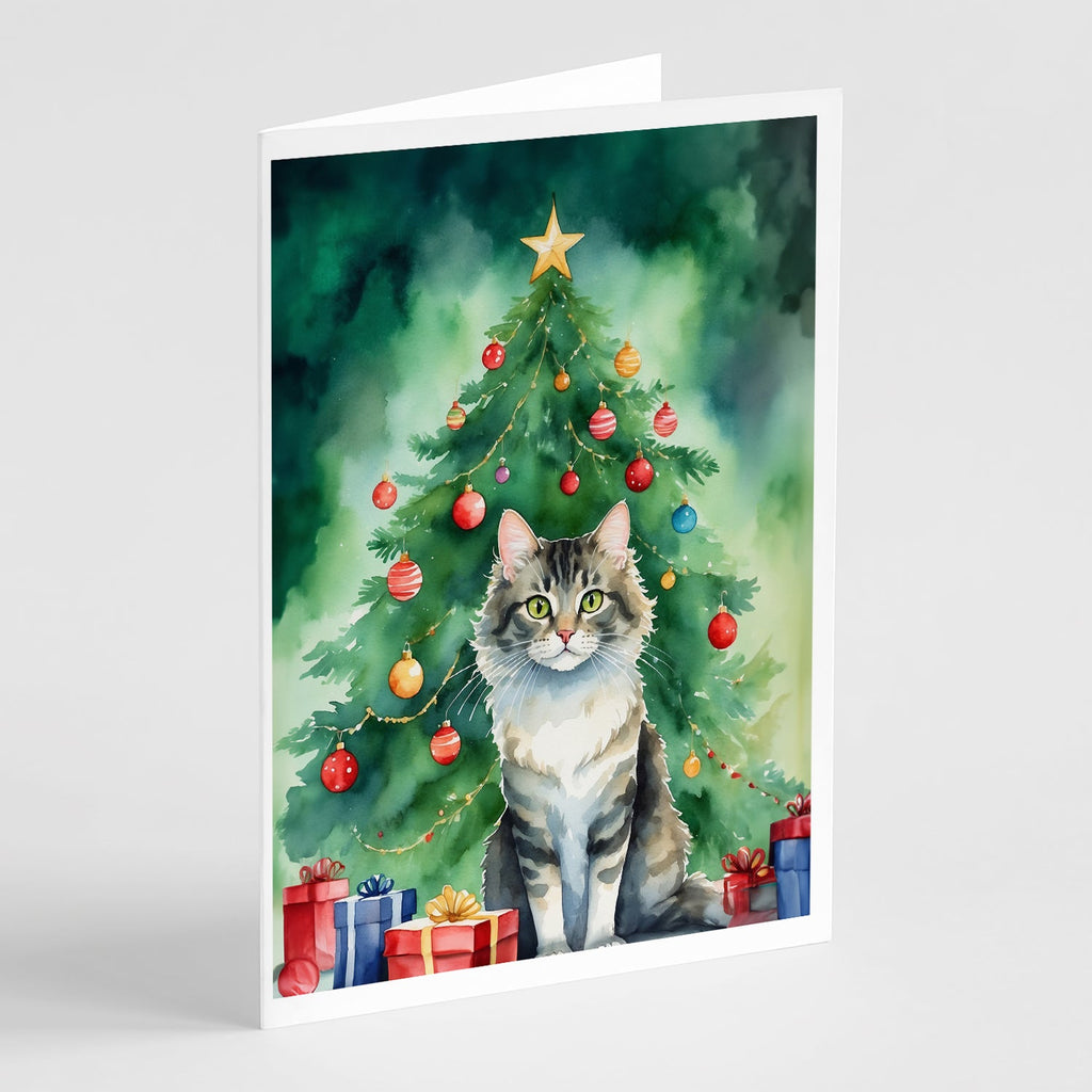 La Perm Cat By the Christmas Tree Greeting Cards Pack of 8 Blank Cards with Envelopes Whimsical A7 Size 5x7