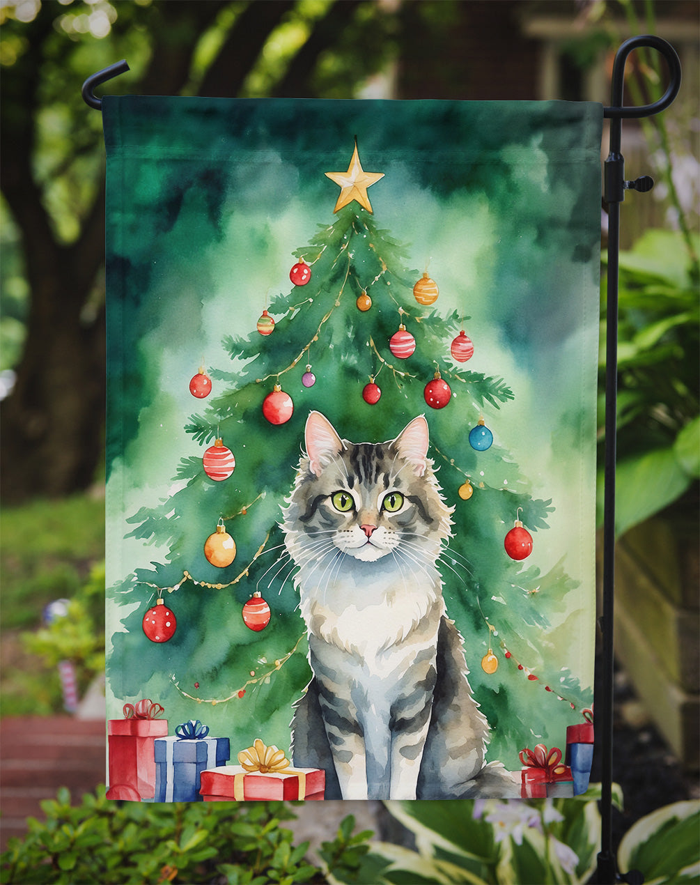 La Perm Cat By the Christmas Tree Garden Flag Mailbox Decorative Yard Banner Outside Patio Artwork for Flower Beds, Garden Size, Multicolor