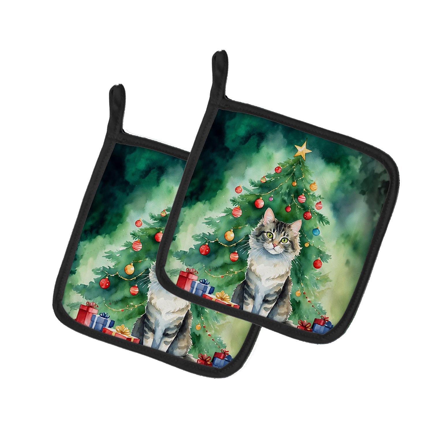 La Perm Cat By the Christmas Tree Pot Holder Set of 2 Heat Resistant Quilted Hot Pads 7.5 x 7.5 Inch, Insulated Kitchen Trivets for Cooking & Baking