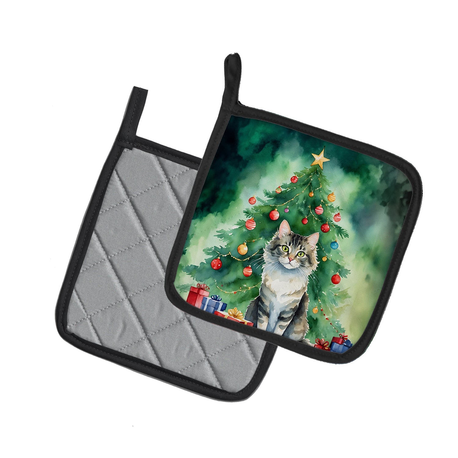 La Perm Cat By the Christmas Tree Pot Holder Set of 2 Heat Resistant Quilted Hot Pads 7.5 x 7.5 Inch, Insulated Kitchen Trivets for Cooking & Baking