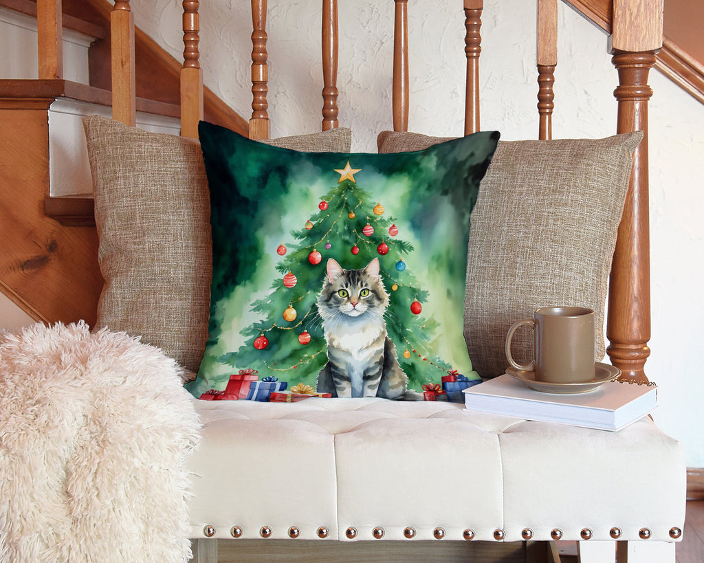 La Perm Cat By the Christmas Tree Decorative Throw Pillow 14x14 Indoor Outdoor Accent Cushion, Fabric Cover with Insert for Sofa, Bed, Porch & Living Room