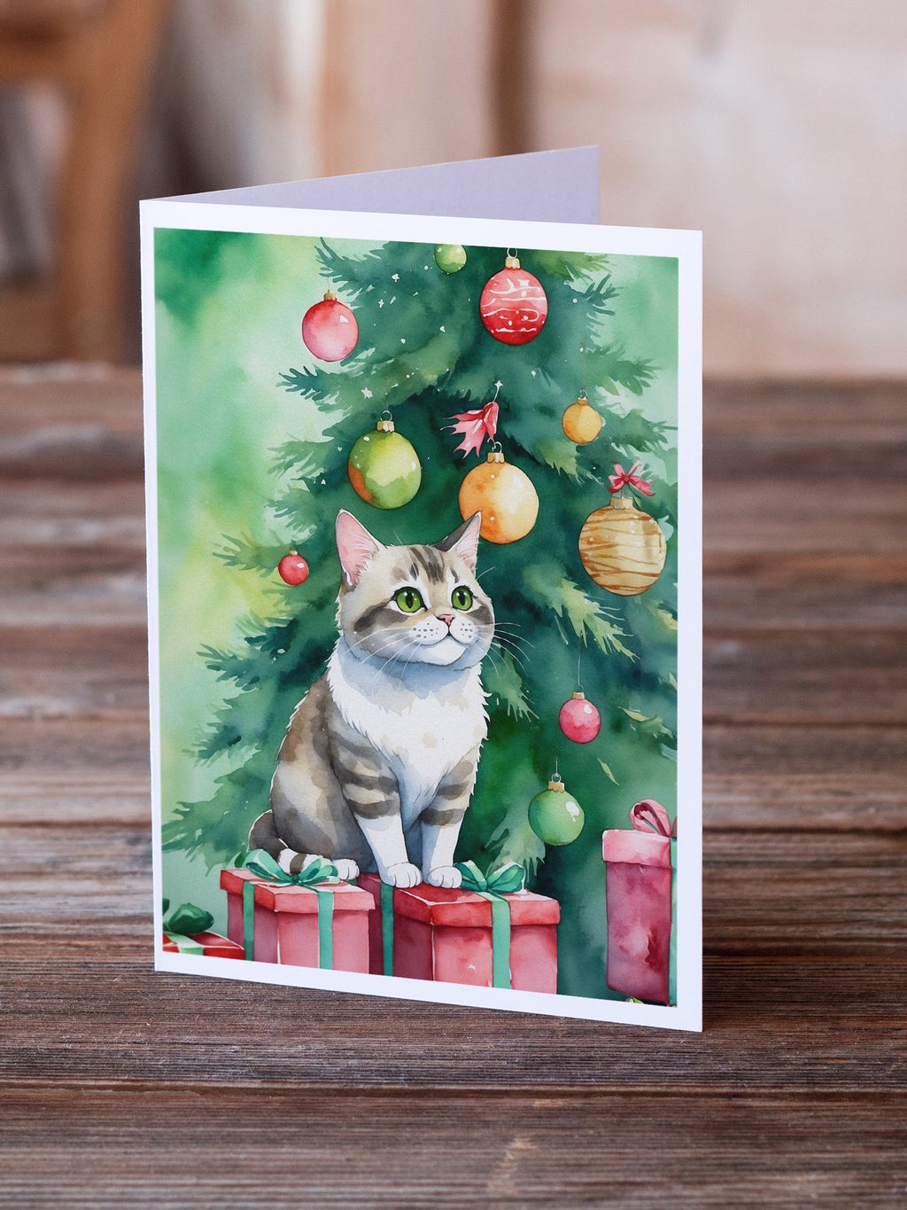 Li Hua Cat By the Christmas Tree Greeting Cards Pack of 8 Blank Cards with Envelopes Whimsical A7 Size 5x7