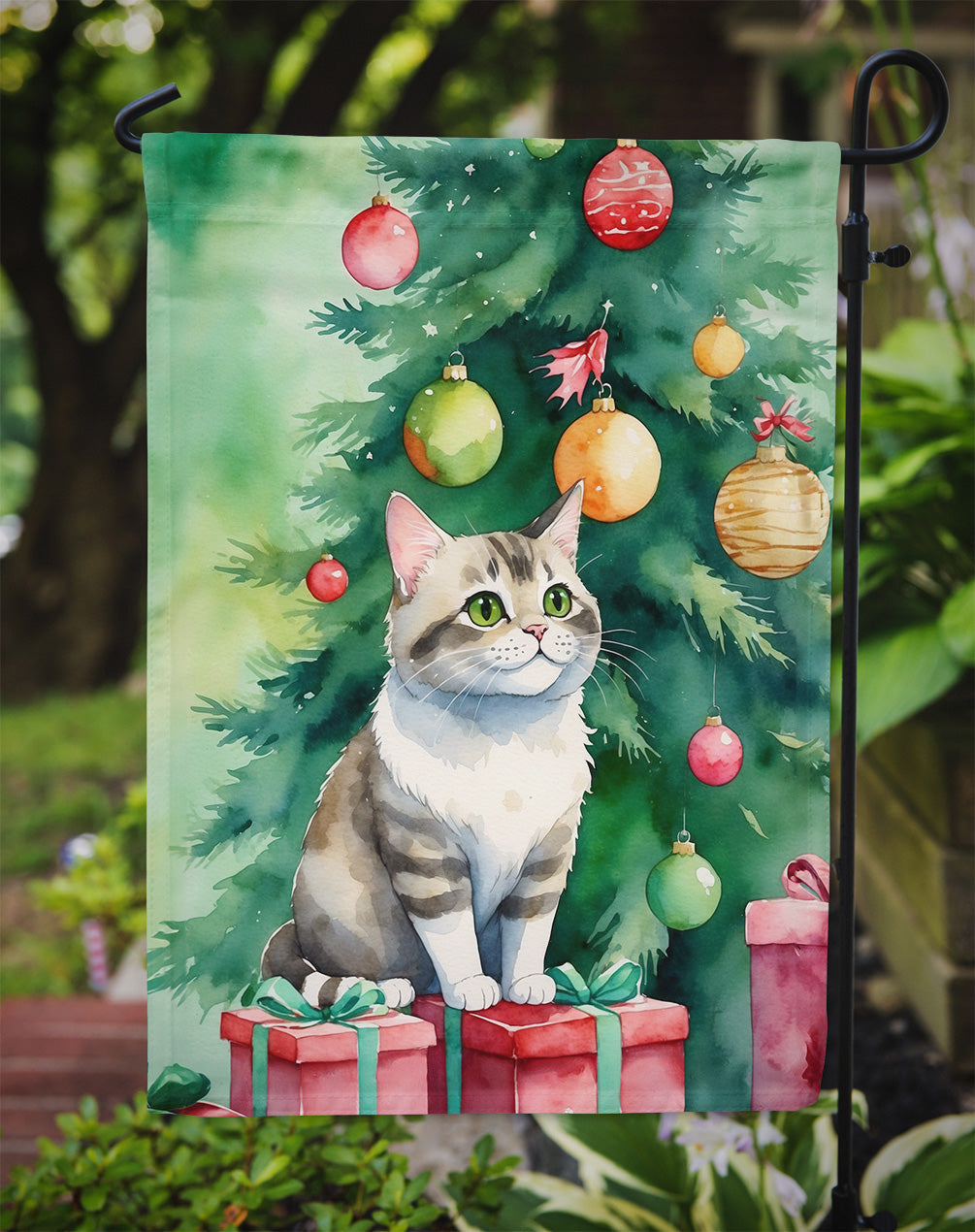Li Hua Cat By the Christmas Tree Garden Flag Mailbox Decorative Yard Banner Outside Patio Artwork for Flower Beds, Garden Size, Multicolor