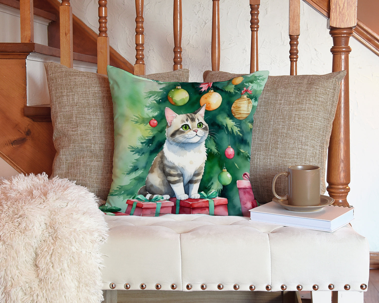 Li Hua Cat By the Christmas Tree Decorative Throw Pillow 14x14 Indoor Outdoor Accent Cushion, Fabric Cover with Insert for Sofa, Bed, Porch & Living Room