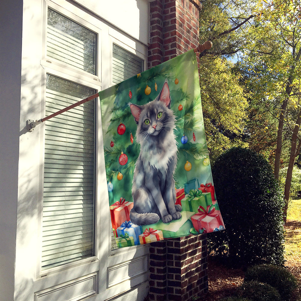 Lykoi Cat By the Christmas Tree House Flag 28x40 Porch Sleeve Pole Decorative Outside Yard Banner Artwork Wall Hanging, Polyester
