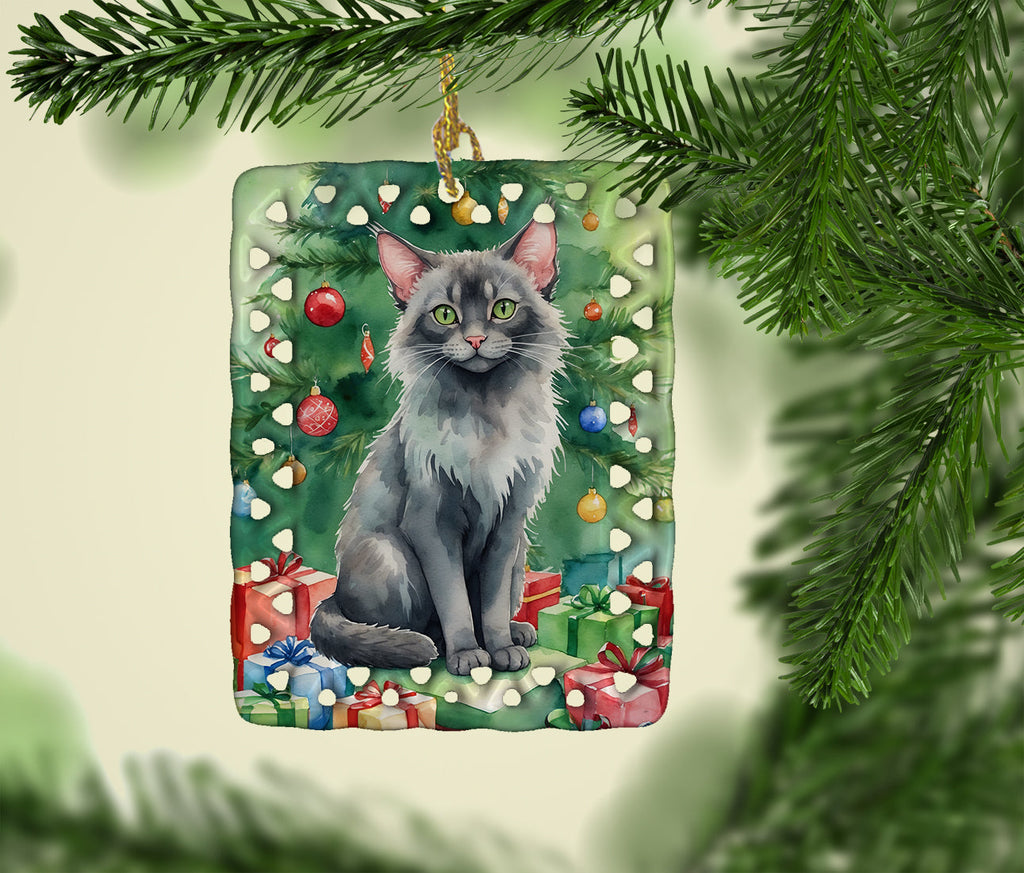 Lykoi Cat By the Christmas Tree Porcelain Ornament Christmas Tree Hanging Decorations for Home Christmas Holiday, Rectangle, Gift, Multicolor