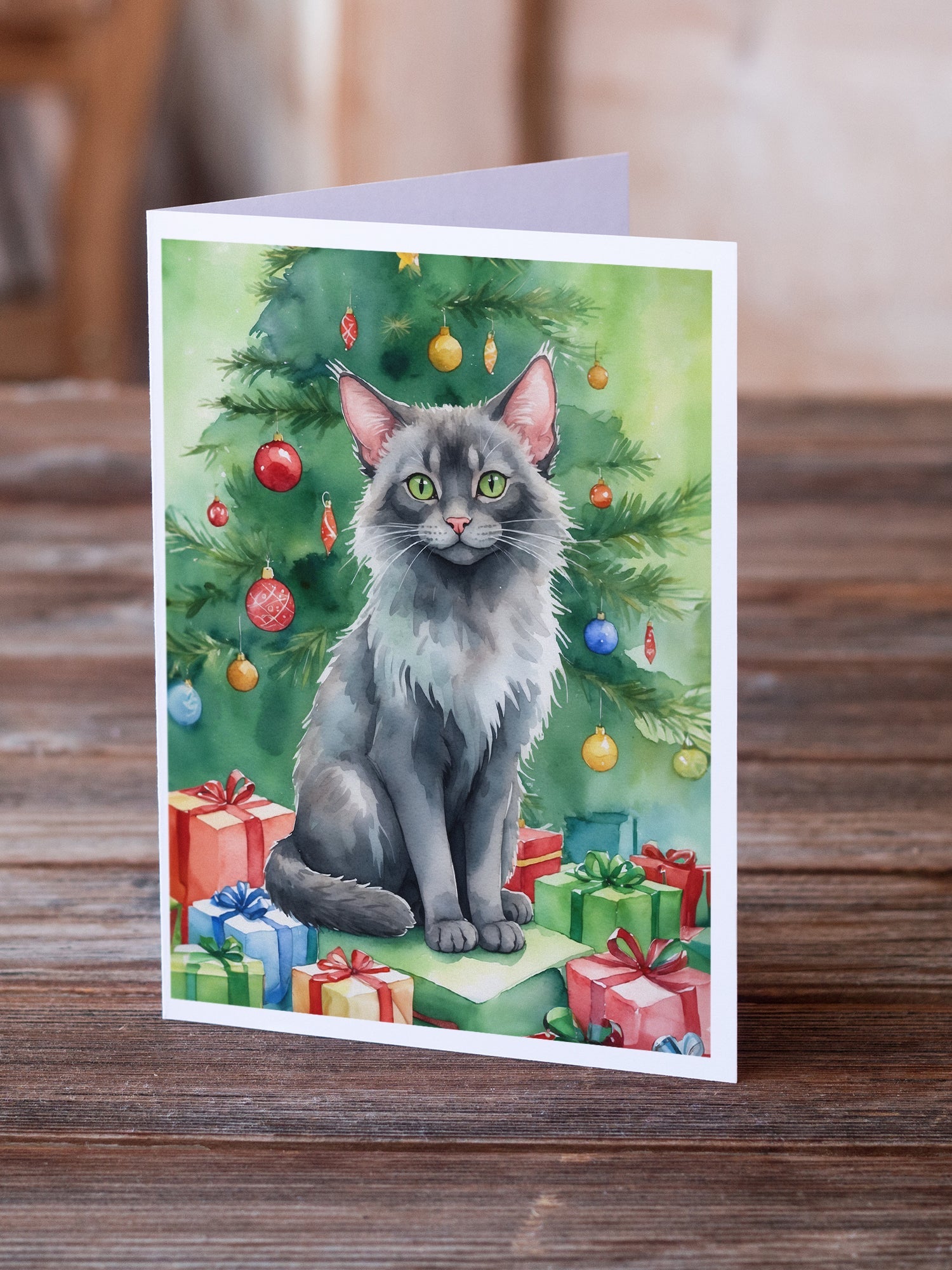 Lykoi Cat By the Christmas Tree Greeting Cards Pack of 8 Blank Cards with Envelopes Whimsical A7 Size 5x7