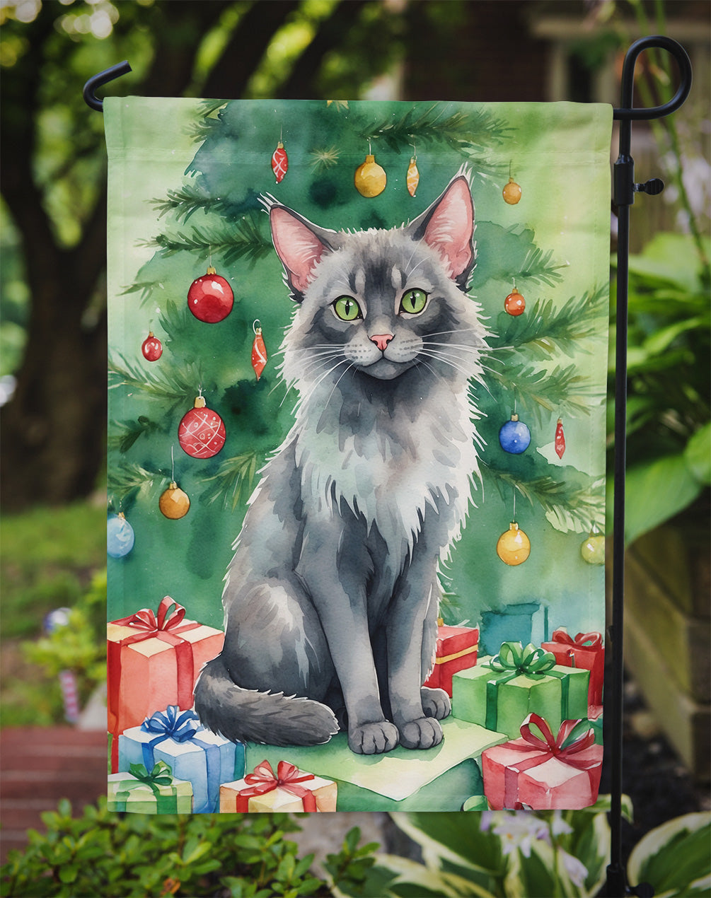 Lykoi Cat By the Christmas Tree Garden Flag Mailbox Decorative Yard Banner Outside Patio Artwork for Flower Beds, Garden Size, Multicolor