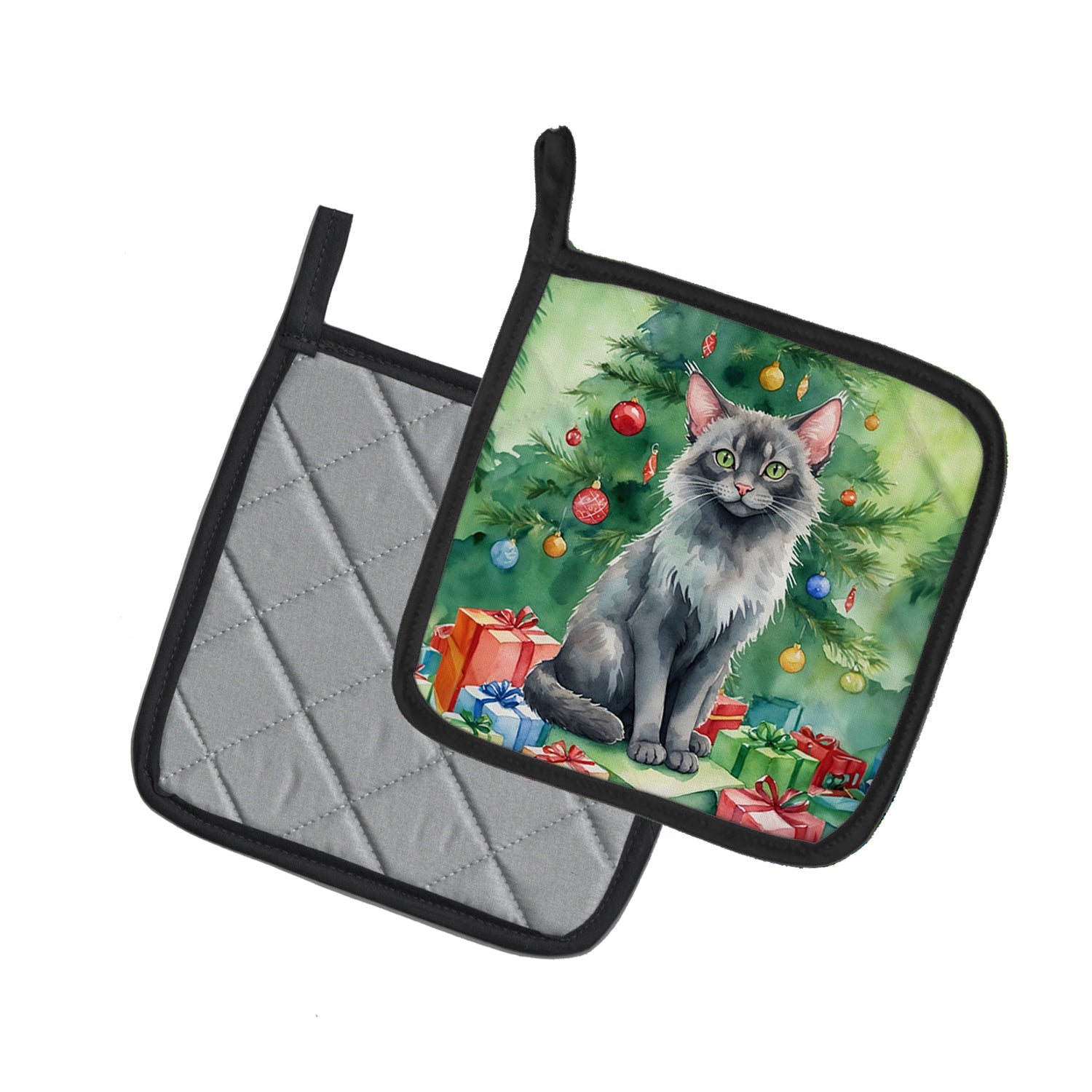 Lykoi Cat By the Christmas Tree Pot Holder Set of 2 Heat Resistant Quilted Hot Pads 7.5 x 7.5 Inch, Insulated Kitchen Trivets for Cooking & Baking
