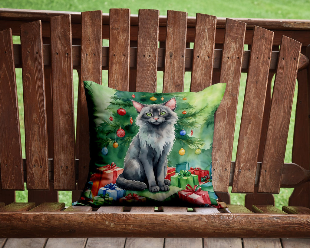 Lykoi Cat By the Christmas Tree Decorative Throw Pillow 14x14 Indoor Outdoor Accent Cushion, Fabric Cover with Insert for Sofa, Bed, Porch & Living Room