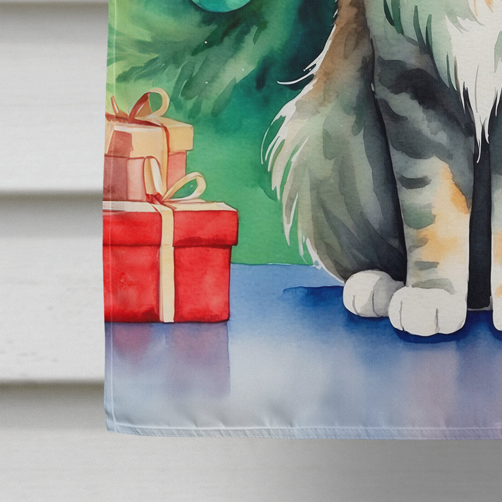 MaineCoon Cat By the Christmas Tree House Flag 28x40 Porch Sleeve Pole Decorative Outside Yard Banner Artwork Wall Hanging, Polyester