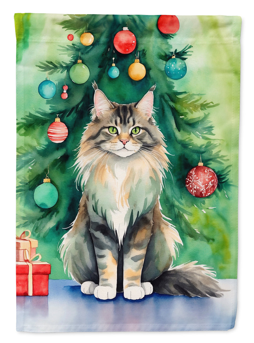 MaineCoon Cat By the Christmas Tree Garden Flag Mailbox Decorative Yard Banner Outside Patio Artwork for Flower Beds, Garden Size, Multicolor