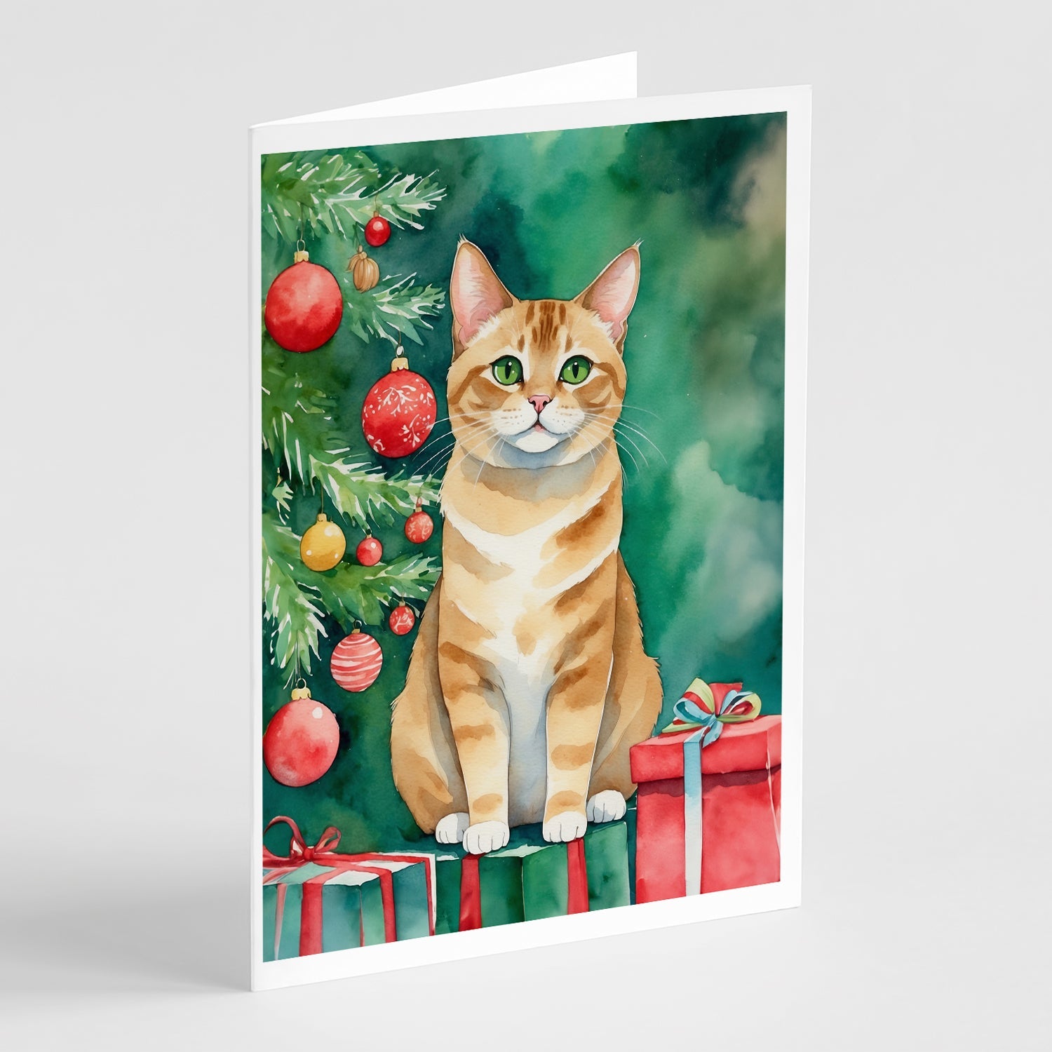 Malayan Cat By the Christmas Tree Greeting Cards Pack of 8 Blank Cards with Envelopes Whimsical A7 Size 5x7