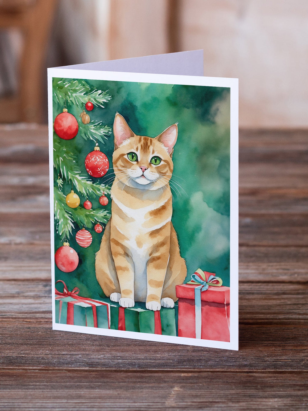 Malayan Cat By the Christmas Tree Greeting Cards Pack of 8 Blank Cards with Envelopes Whimsical A7 Size 5x7