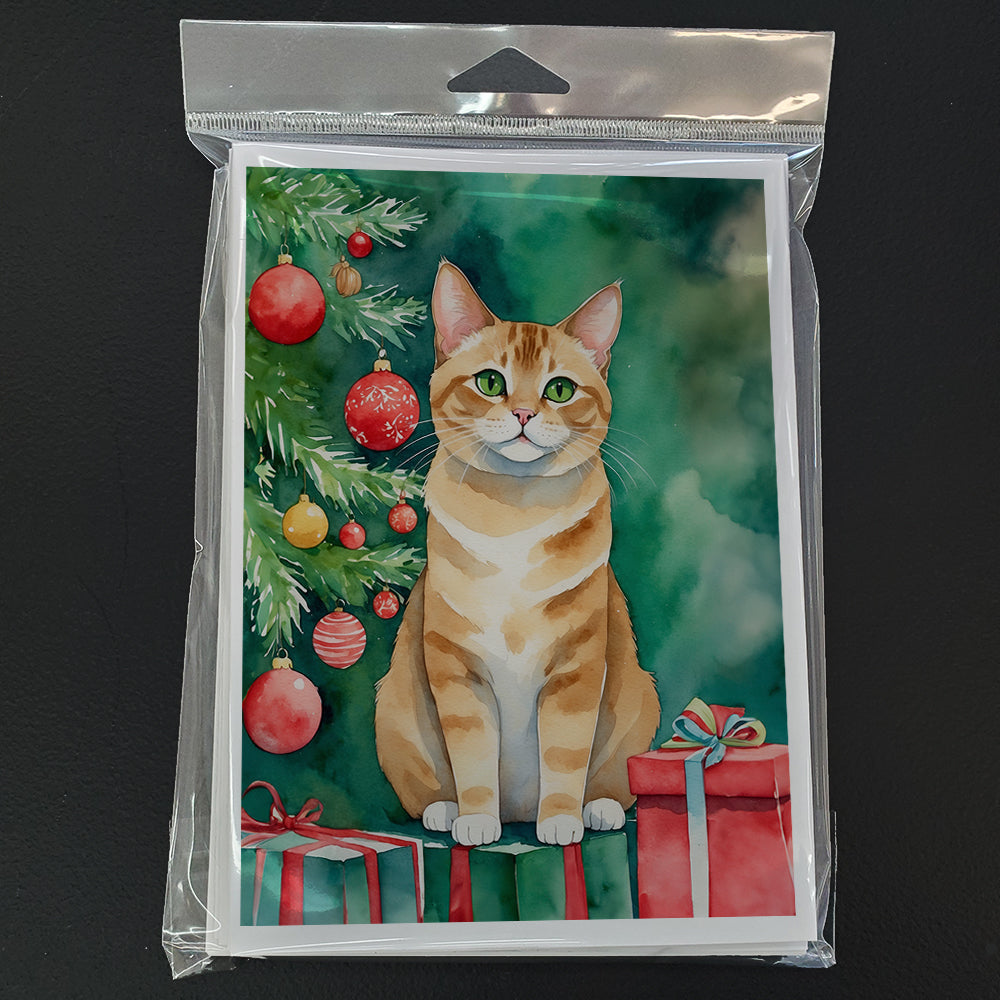 Malayan Cat By the Christmas Tree Greeting Cards Pack of 8 Blank Cards with Envelopes Whimsical A7 Size 5x7