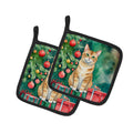 Malayan Cat By the Christmas Tree Pot Holder Set of 2 Heat Resistant Quilted Hot Pads 7.5 x 7.5 Inch, Insulated Kitchen Trivets for Cooking & Baking