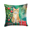 Malayan Cat By the Christmas Tree Decorative Throw Pillow 14x14 Indoor Outdoor Accent Cushion, Fabric Cover with Insert for Sofa, Bed, Porch & Living Room