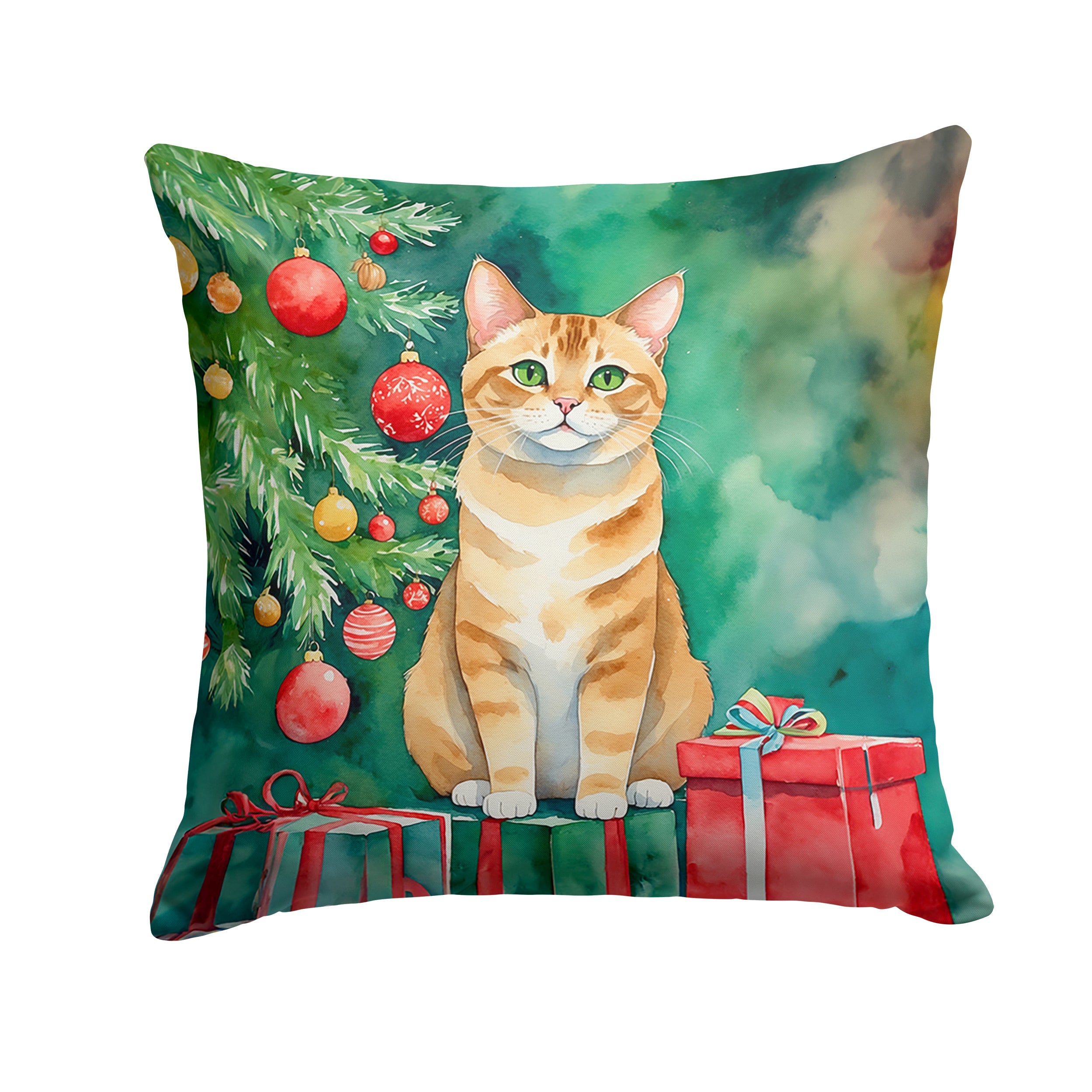 Malayan Cat By the Christmas Tree Decorative Throw Pillow 14x14 Indoor Outdoor Accent Cushion, Fabric Cover with Insert for Sofa, Bed, Porch & Living Room