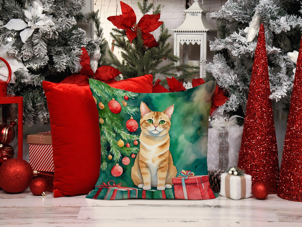 Malayan Cat By the Christmas Tree Decorative Throw Pillow 18x18 Indoor Outdoor Accent Cushion, Fabric Cover with Insert for Sofa, Bed, Porch & Living Room