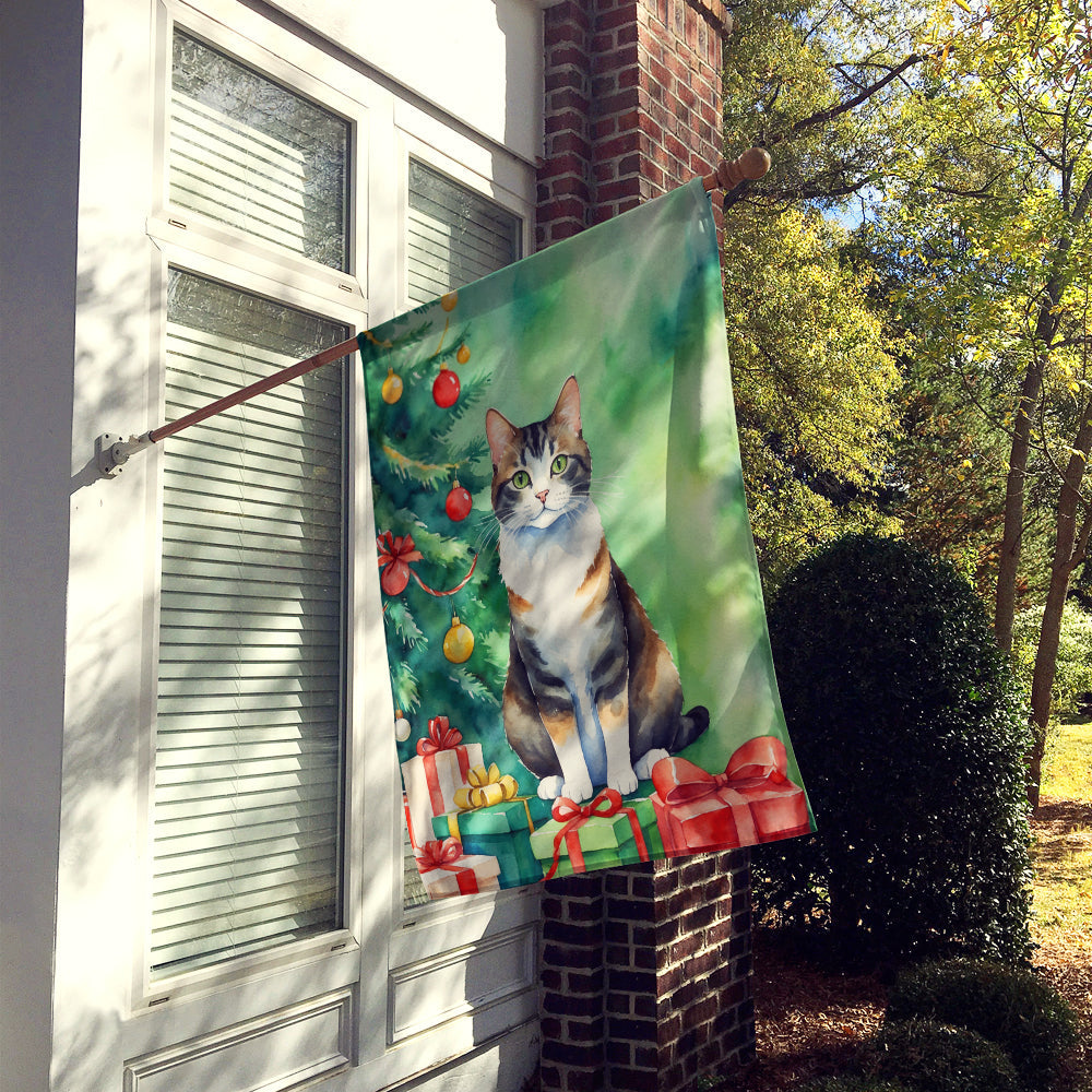 Manx Cat By the Christmas Tree House Flag 28x40 Porch Sleeve Pole Decorative Outside Yard Banner Artwork Wall Hanging, Polyester