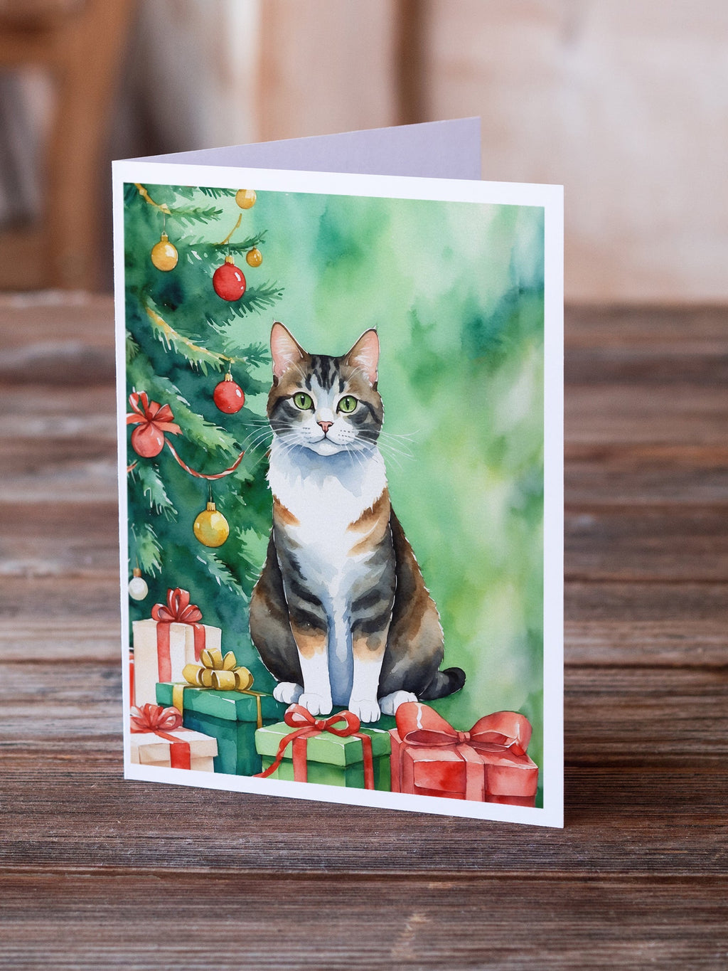 Manx Cat By the Christmas Tree Greeting Cards Pack of 8 Blank Cards with Envelopes Whimsical A7 Size 5x7