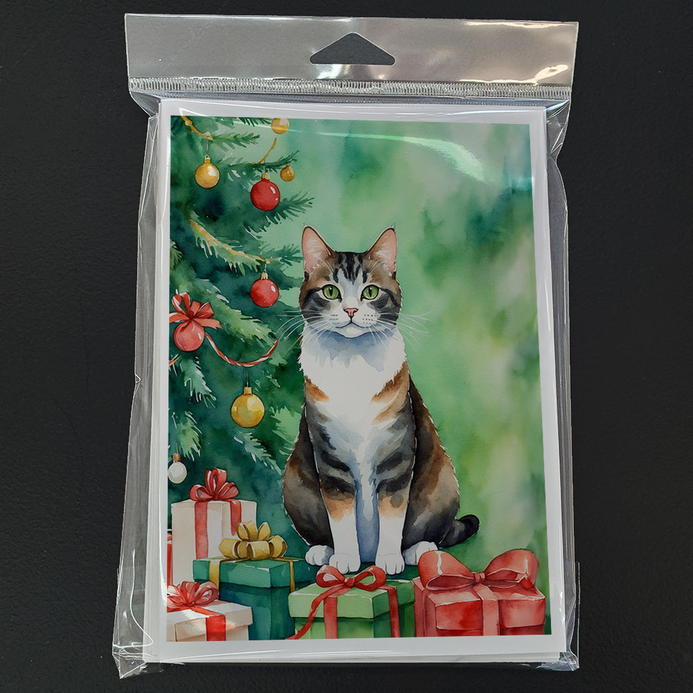 Manx Cat By the Christmas Tree Greeting Cards Pack of 8 Blank Cards with Envelopes Whimsical A7 Size 5x7