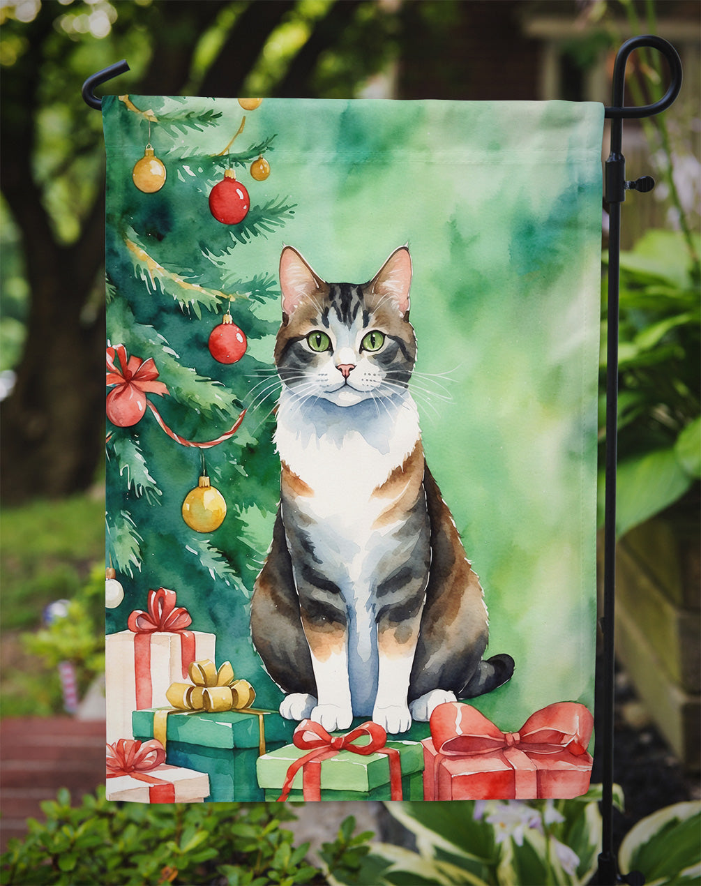 Manx Cat By the Christmas Tree Garden Flag Mailbox Decorative Yard Banner Outside Patio Artwork for Flower Beds, Garden Size, Multicolor