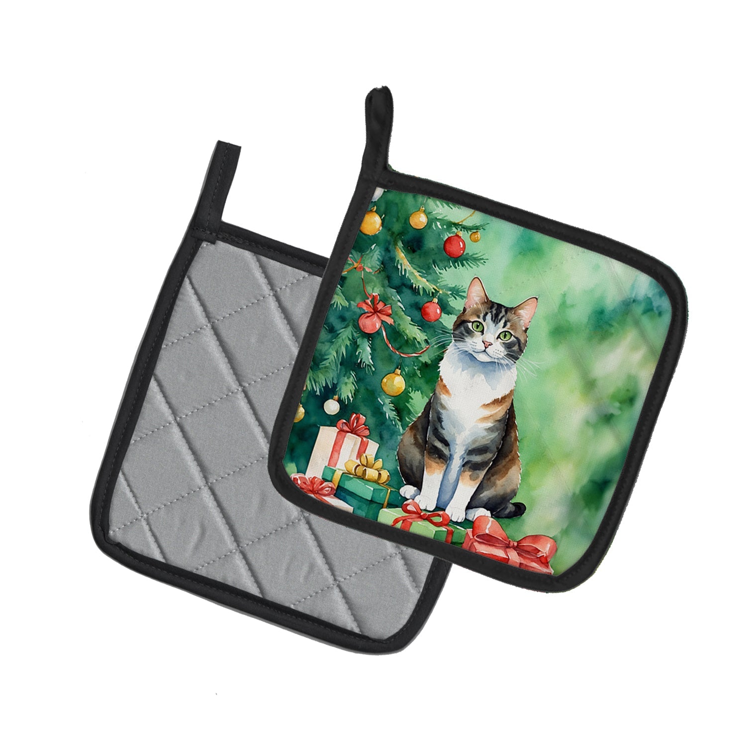 Manx Cat By the Christmas Tree Pot Holder Set of 2 Heat Resistant Quilted Hot Pads 7.5 x 7.5 Inch, Insulated Kitchen Trivets for Cooking & Baking