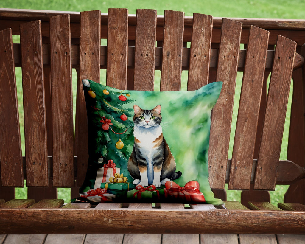 Manx Cat By the Christmas Tree Decorative Throw Pillow 14x14 Indoor Outdoor Accent Cushion, Fabric Cover with Insert for Sofa, Bed, Porch & Living Room