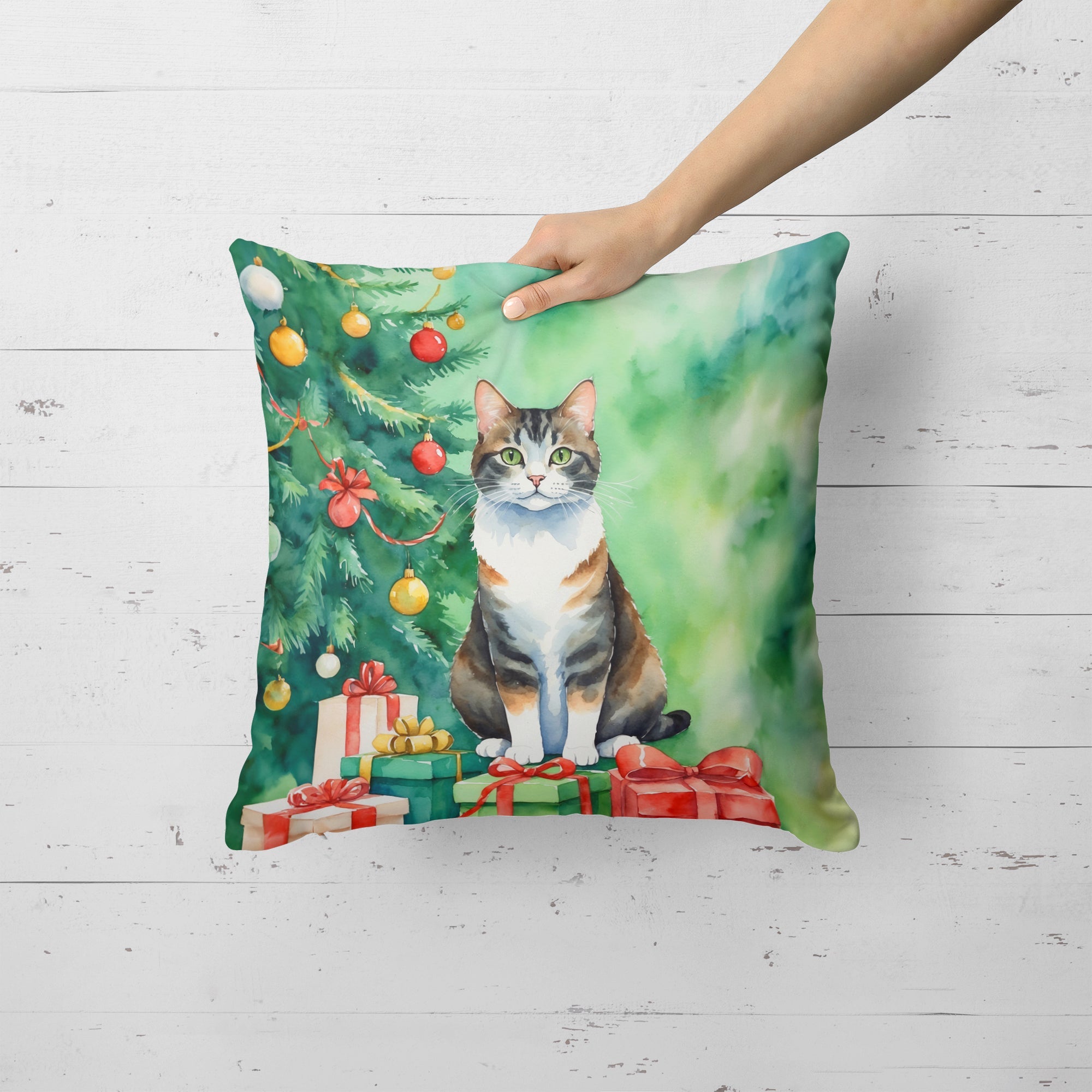Manx Cat By the Christmas Tree Decorative Throw Pillow 18x18 Indoor Outdoor Accent Cushion, Fabric Cover with Insert for Sofa, Bed, Porch & Living Room