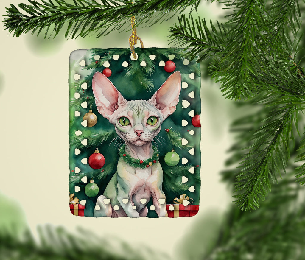 Minskin Cat By the Christmas Tree Porcelain Ornament Christmas Tree Hanging Decorations for Home Christmas Holiday, Rectangle, Gift, Multicolor