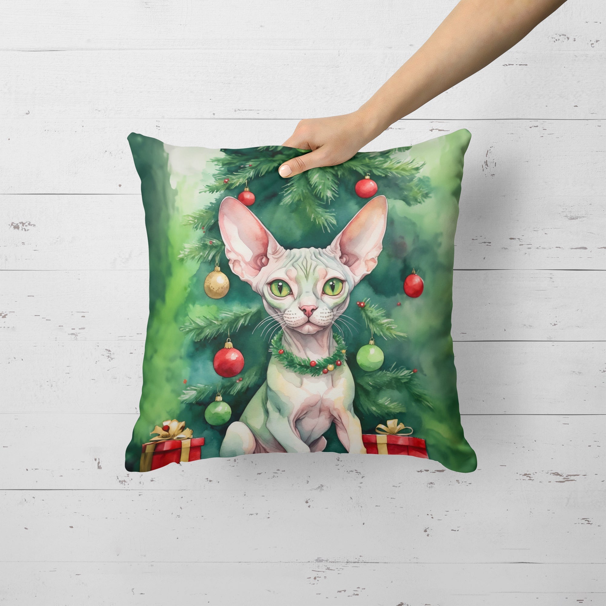 Minskin Cat By the Christmas Tree Decorative Throw Pillow 18x18 Indoor Outdoor Accent Cushion, Fabric Cover with Insert for Sofa, Bed, Porch & Living Room