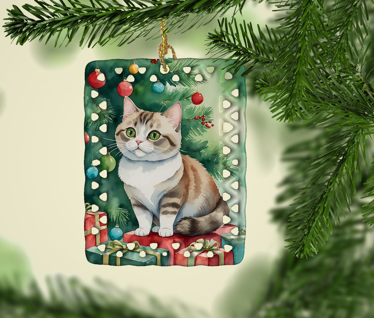 Munchkin Cat By the Christmas Tree Porcelain Ornament Christmas Tree Hanging Decorations for Home Christmas Holiday, Rectangle, Gift, Multicolor
