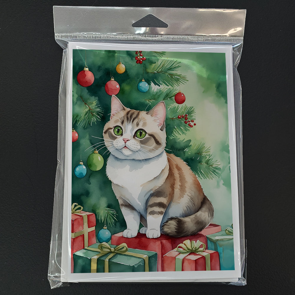 Munchkin Cat By the Christmas Tree Greeting Cards Pack of 8 Blank Cards with Envelopes Whimsical A7 Size 5x7