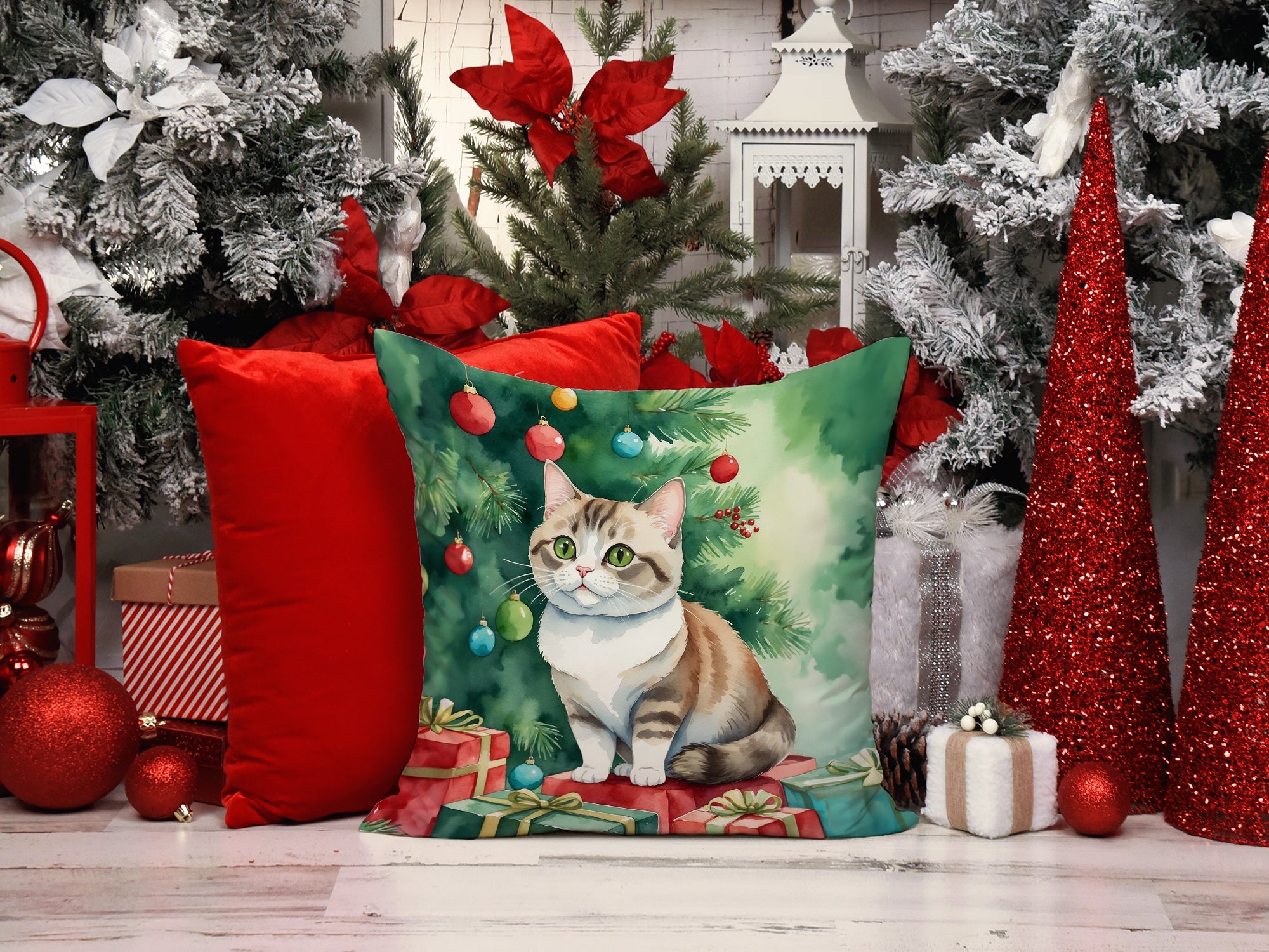 Munchkin Cat By the Christmas Tree Decorative Throw Pillow 18x18 Indoor Outdoor Accent Cushion, Fabric Cover with Insert for Sofa, Bed, Porch & Living Room
