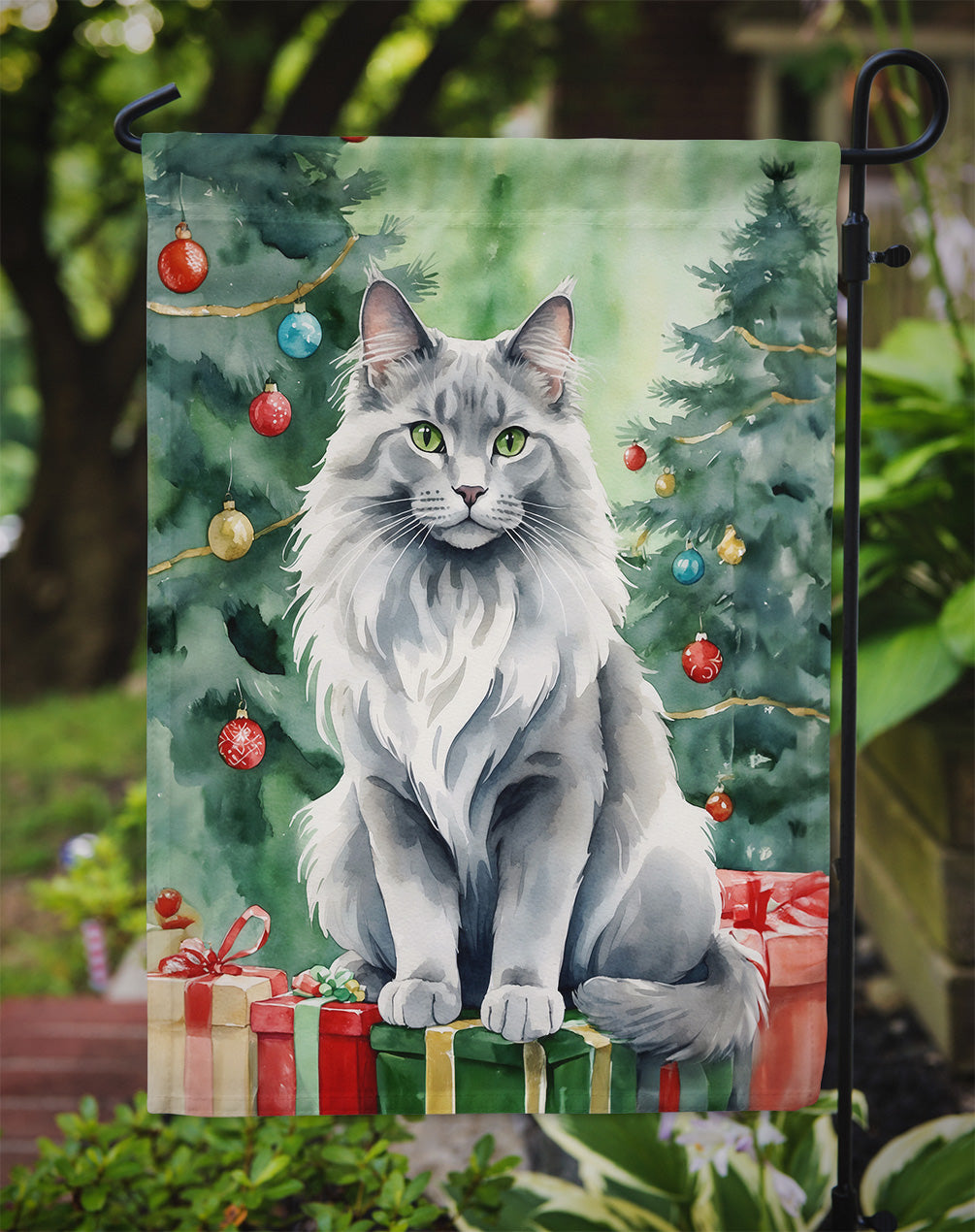 Nebelung Cat By the Christmas Tree Garden Flag Mailbox Decorative Yard Banner Outside Patio Artwork for Flower Beds, Garden Size, Multicolor