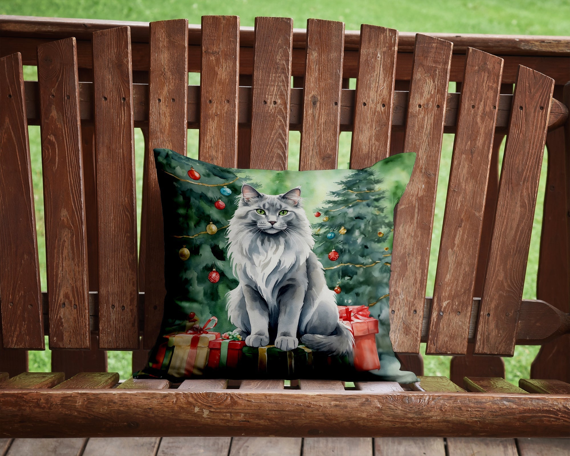 Nebelung Cat By the Christmas Tree Decorative Throw Pillow 14x14 Indoor Outdoor Accent Cushion, Fabric Cover with Insert for Sofa, Bed, Porch & Living Room