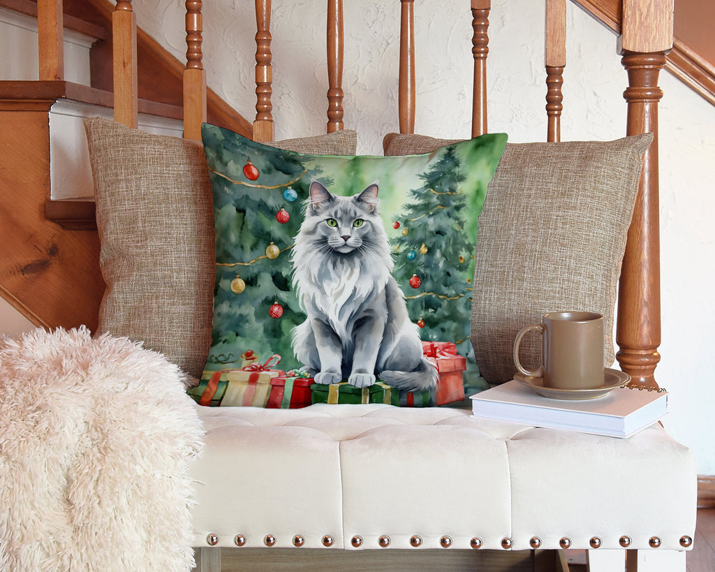 Nebelung Cat By the Christmas Tree Decorative Throw Pillow 14x14 Indoor Outdoor Accent Cushion, Fabric Cover with Insert for Sofa, Bed, Porch & Living Room