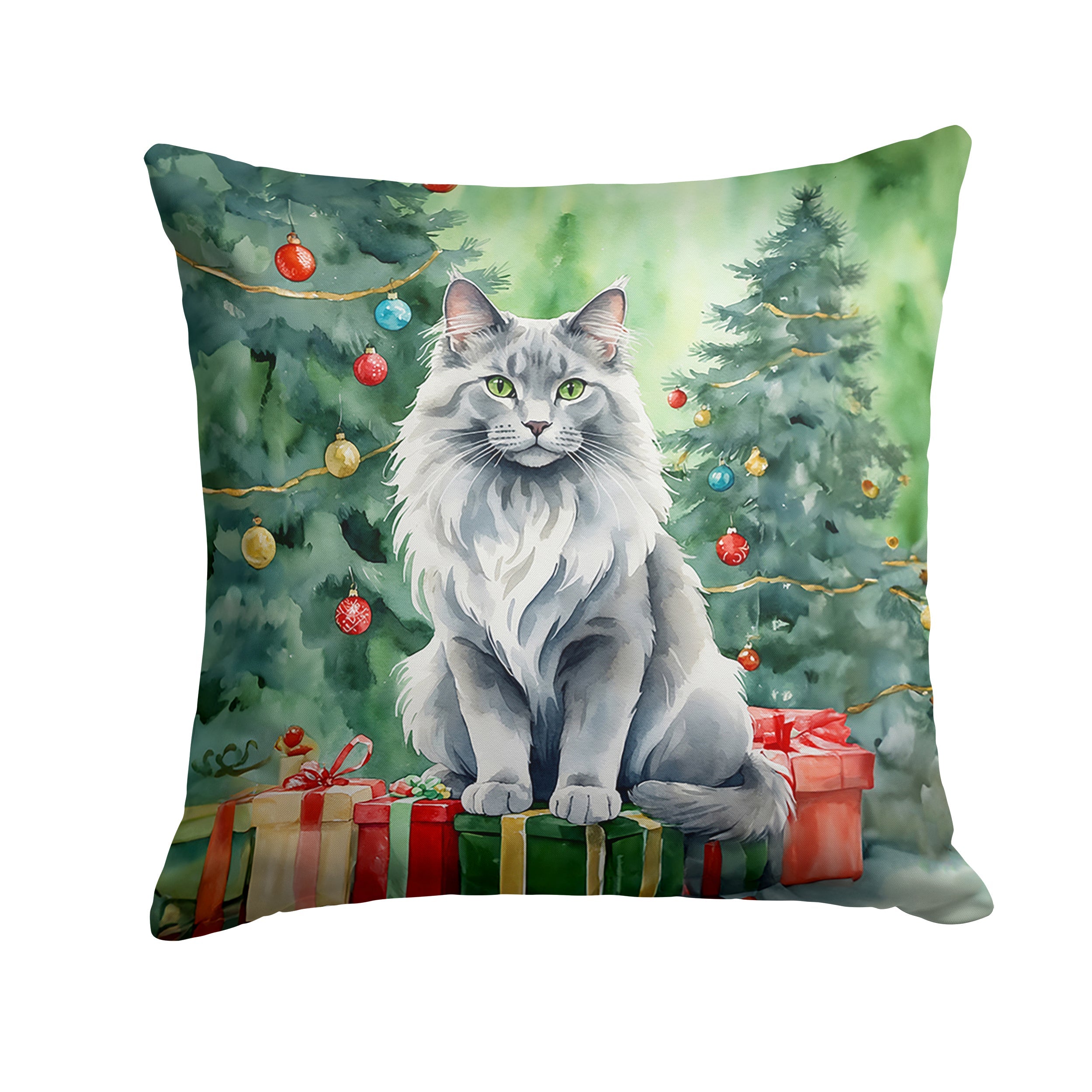 Nebelung Cat By the Christmas Tree Decorative Throw Pillow 18x18 Indoor Outdoor Accent Cushion, Fabric Cover with Insert for Sofa, Bed, Porch & Living Room