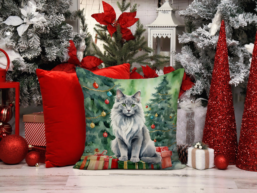 Nebelung Cat By the Christmas Tree Decorative Throw Pillow 18x18 Indoor Outdoor Accent Cushion, Fabric Cover with Insert for Sofa, Bed, Porch & Living Room