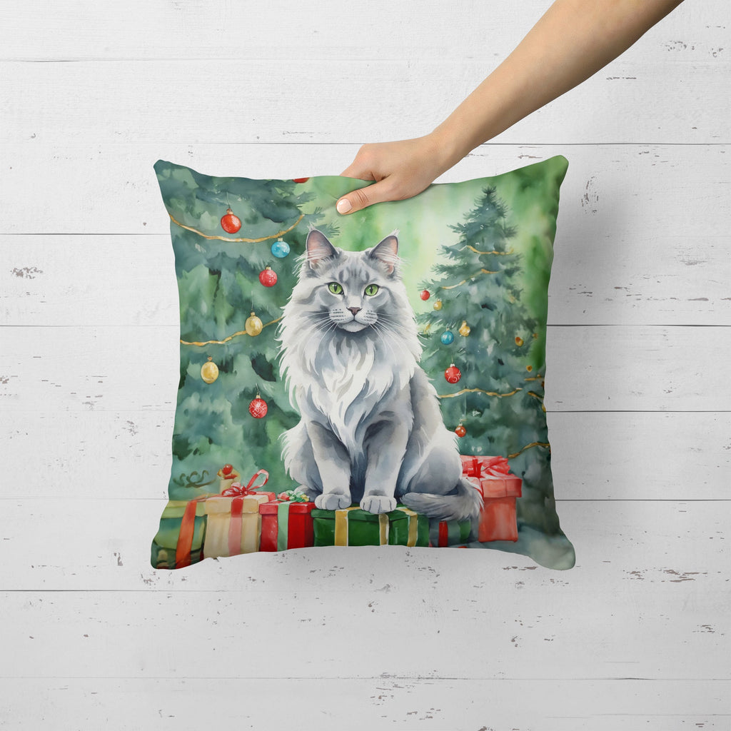 Nebelung Cat By the Christmas Tree Decorative Throw Pillow 18x18 Indoor Outdoor Accent Cushion, Fabric Cover with Insert for Sofa, Bed, Porch & Living Room