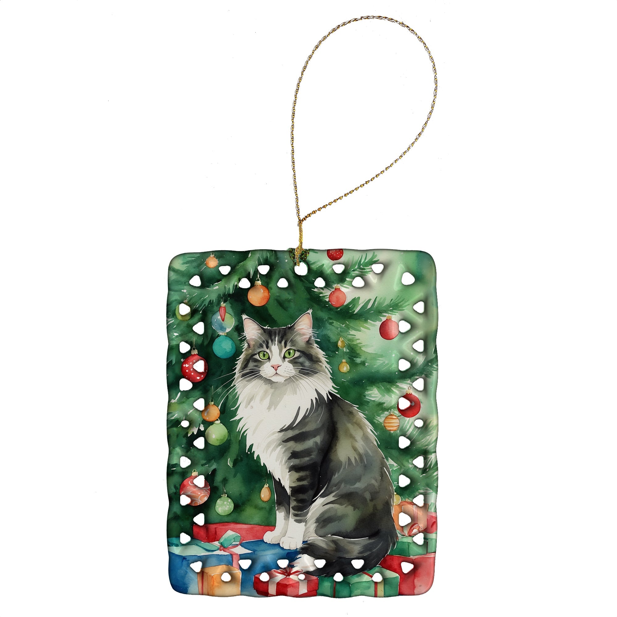 Norwegian Forest Cat By the Christmas Tree Porcelain Ornament Christmas Tree Hanging Decorations for Home Christmas Holiday, Rectangle, Gift, Multicolor