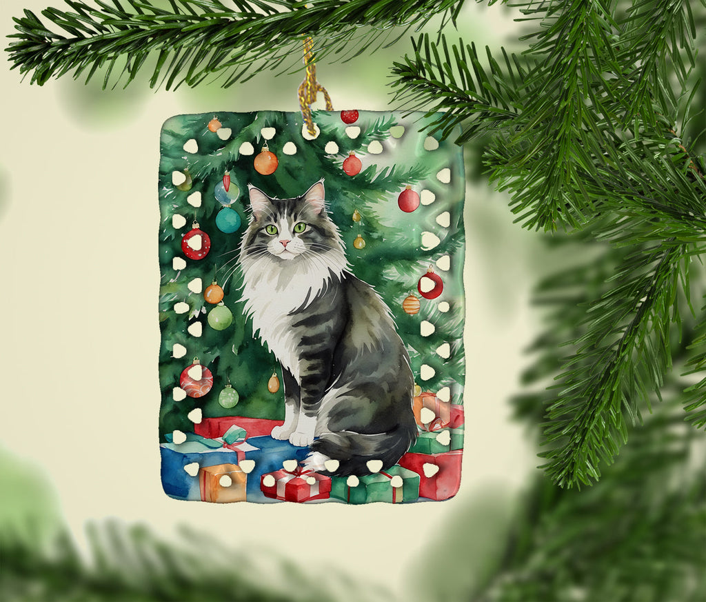 Norwegian Forest Cat By the Christmas Tree Porcelain Ornament Christmas Tree Hanging Decorations for Home Christmas Holiday, Rectangle, Gift, Multicolor
