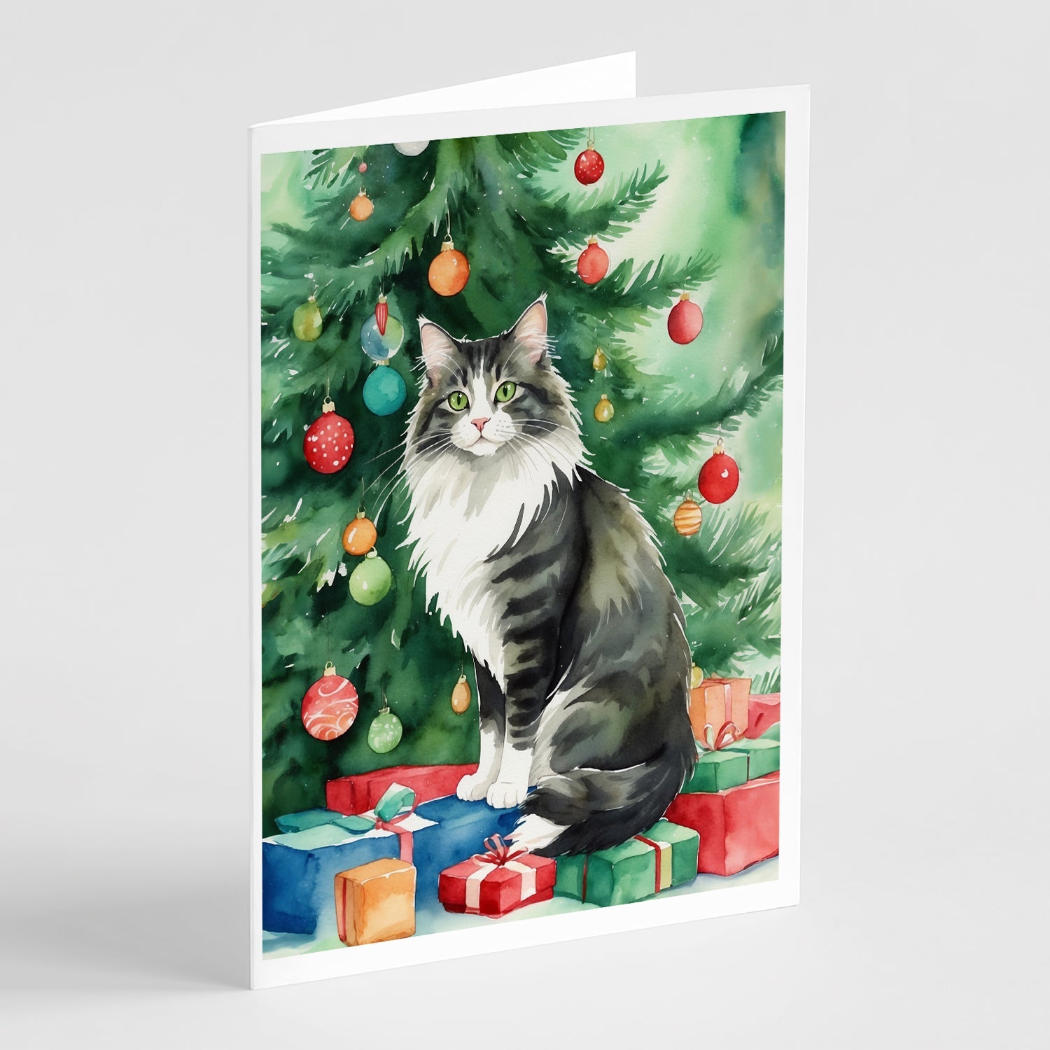 Norwegian Forest Cat By the Christmas Tree Greeting Cards Pack of 8 Blank Cards with Envelopes Whimsical A7 Size 5x7