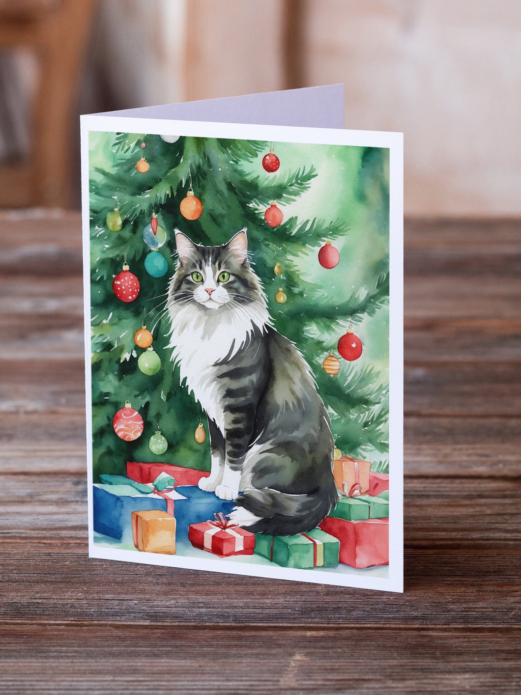 Norwegian Forest Cat By the Christmas Tree Greeting Cards Pack of 8 Blank Cards with Envelopes Whimsical A7 Size 5x7