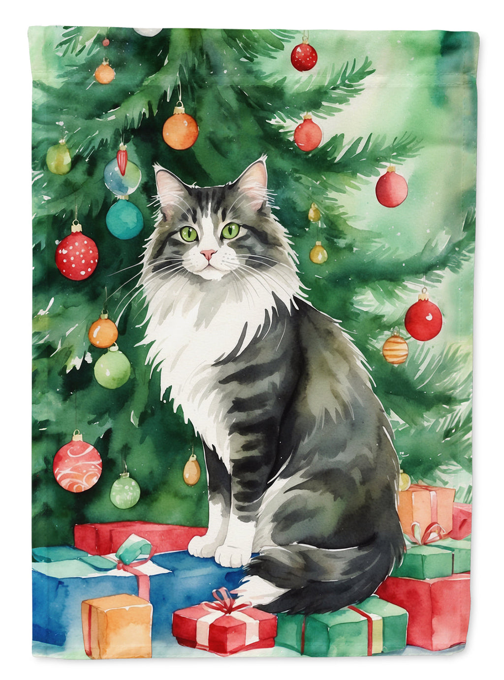 Norwegian Forest Cat By the Christmas Tree Garden Flag Mailbox Decorative Yard Banner Outside Patio Artwork for Flower Beds, Garden Size, Multicolor