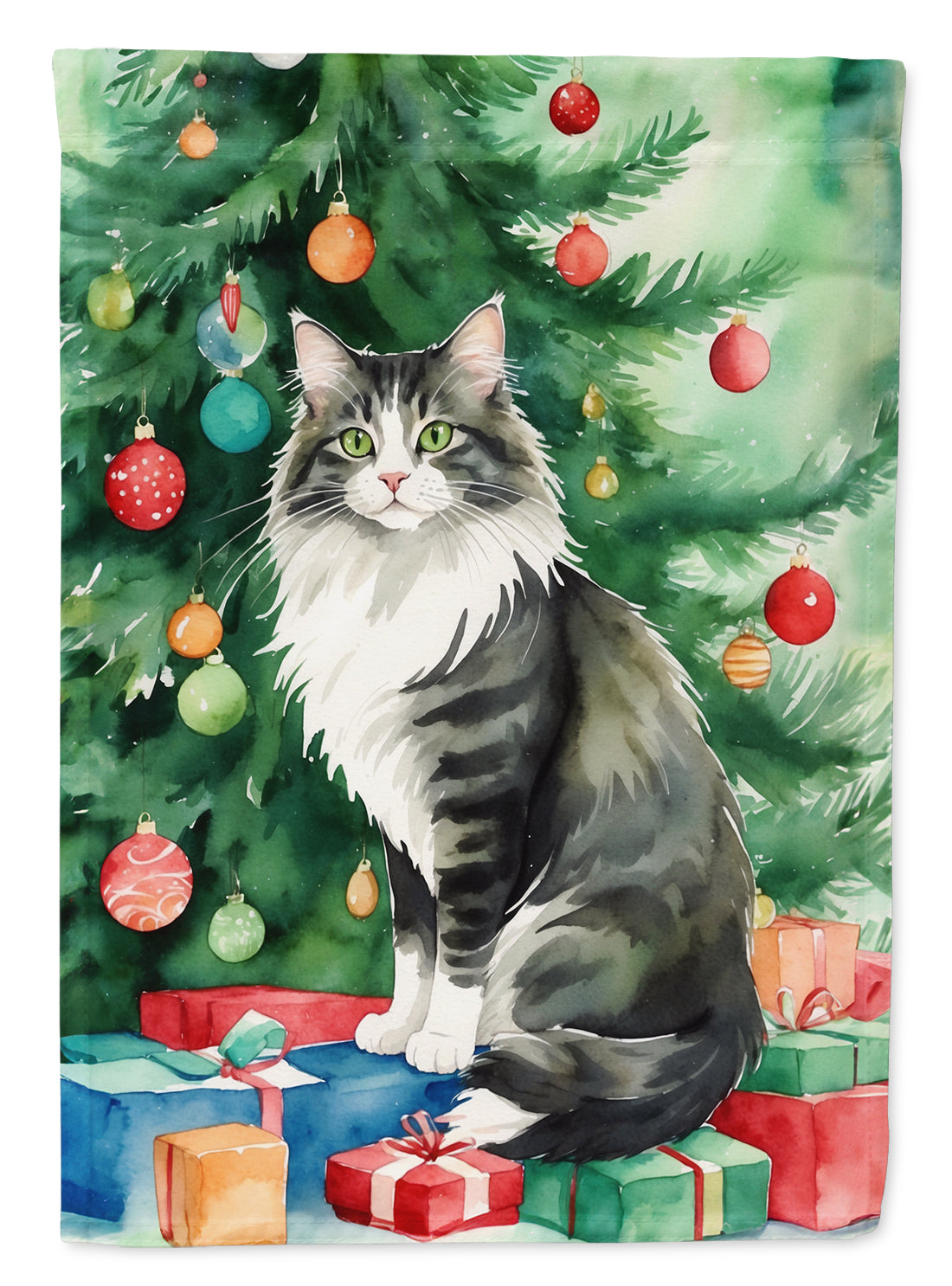 Norwegian Forest Cat By the Christmas Tree Garden Flag Mailbox Decorative Yard Banner Outside Patio Artwork for Flower Beds, Garden Size, Multicolor