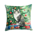 Norwegian Forest Cat By the Christmas Tree Decorative Throw Pillow 14x14 Indoor Outdoor Accent Cushion, Fabric Cover with Insert for Sofa, Bed, Porch & Living Room