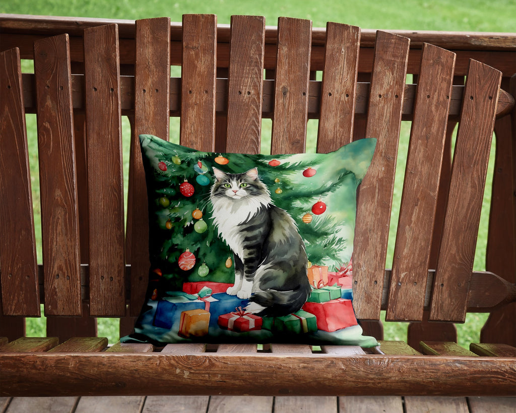 Norwegian Forest Cat By the Christmas Tree Decorative Throw Pillow 14x14 Indoor Outdoor Accent Cushion, Fabric Cover with Insert for Sofa, Bed, Porch & Living Room