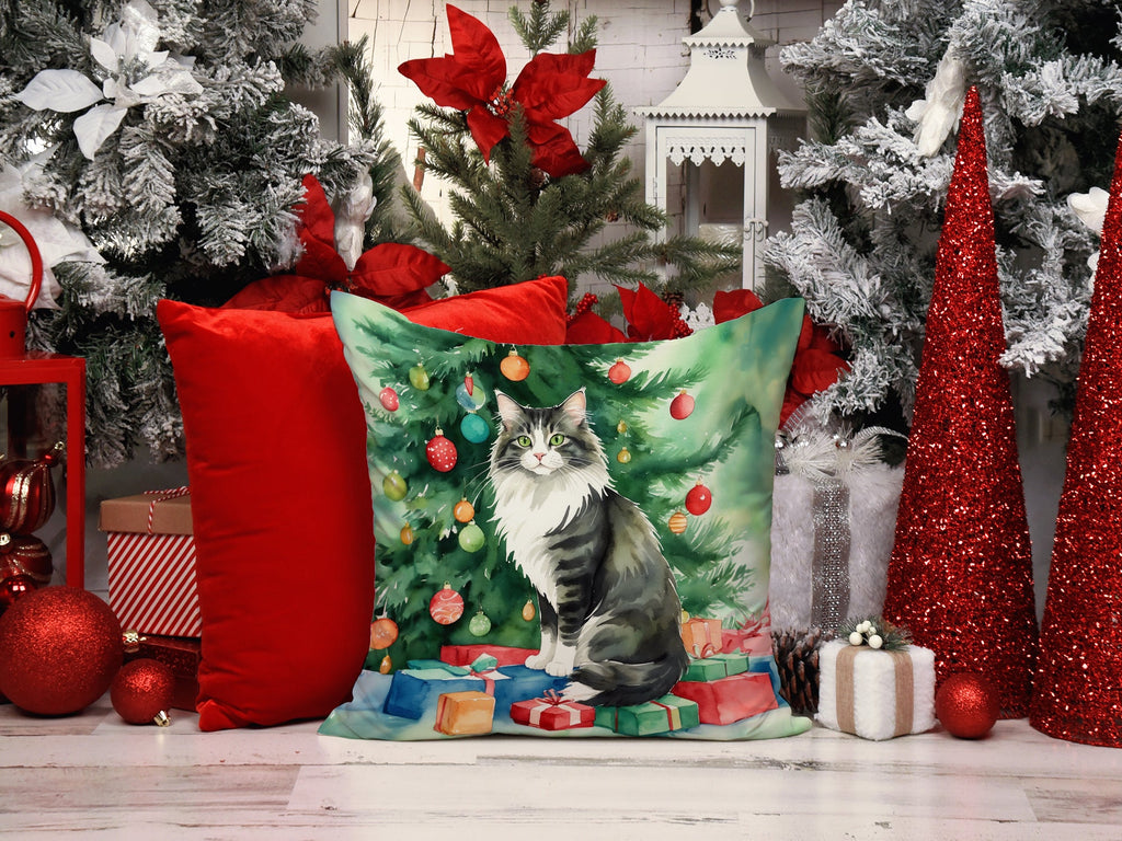 Norwegian Forest Cat By the Christmas Tree Decorative Throw Pillow 18x18 Indoor Outdoor Accent Cushion, Fabric Cover with Insert for Sofa, Bed, Porch & Living Room